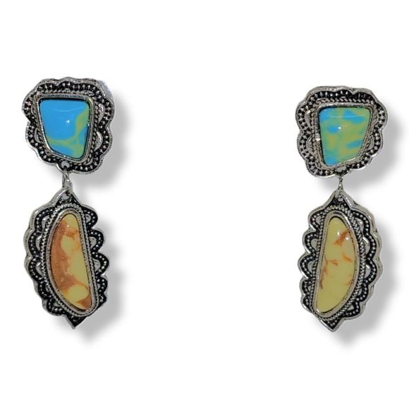 Silver-Tone Southwest Design Simulated Gemstone Drop Dangle Pierced Earrings - Picture 3 of 6
